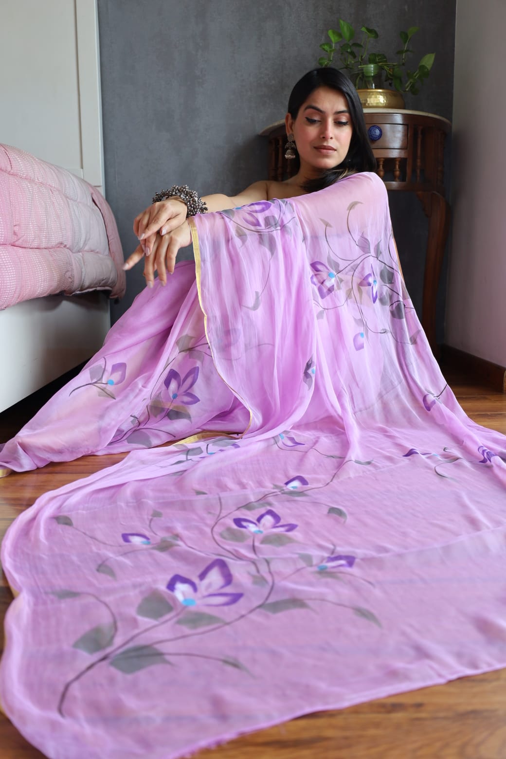 Purple Chiffon Zari Border Handpainted Saree – Lightweight Designer Wholesale Saree